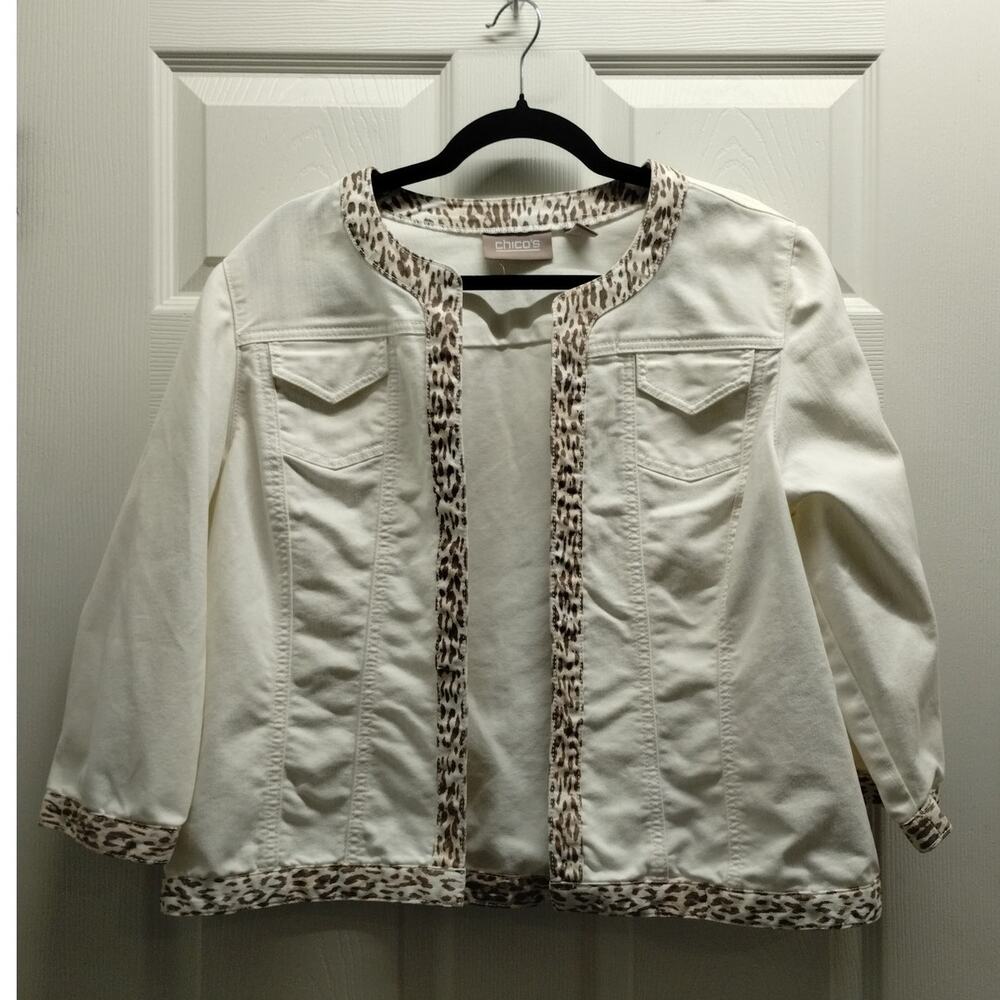Chico's White Jean Jacket with Animal Print Trim